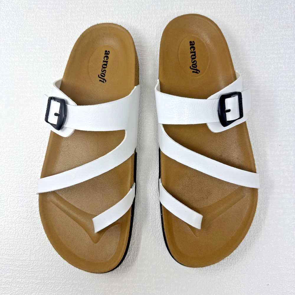 Aerosoft Toe Loop Sandals White Buckle Flat US 9 EU 40 Cottage Summer